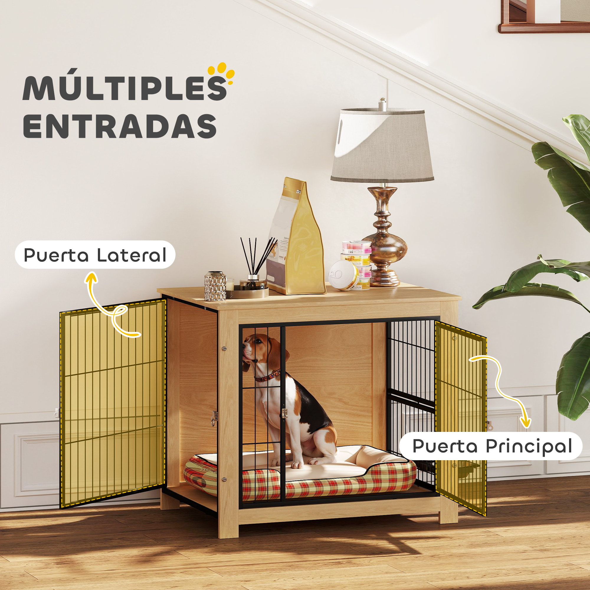 Jaula para Perros Mesa Auxiliar Moderna Casa para Mascotas con 2 Puertas Soporte Giratorio con 2 Tazones y Estructura de Acero para Perros Medianos 80x60x68 cm Roble