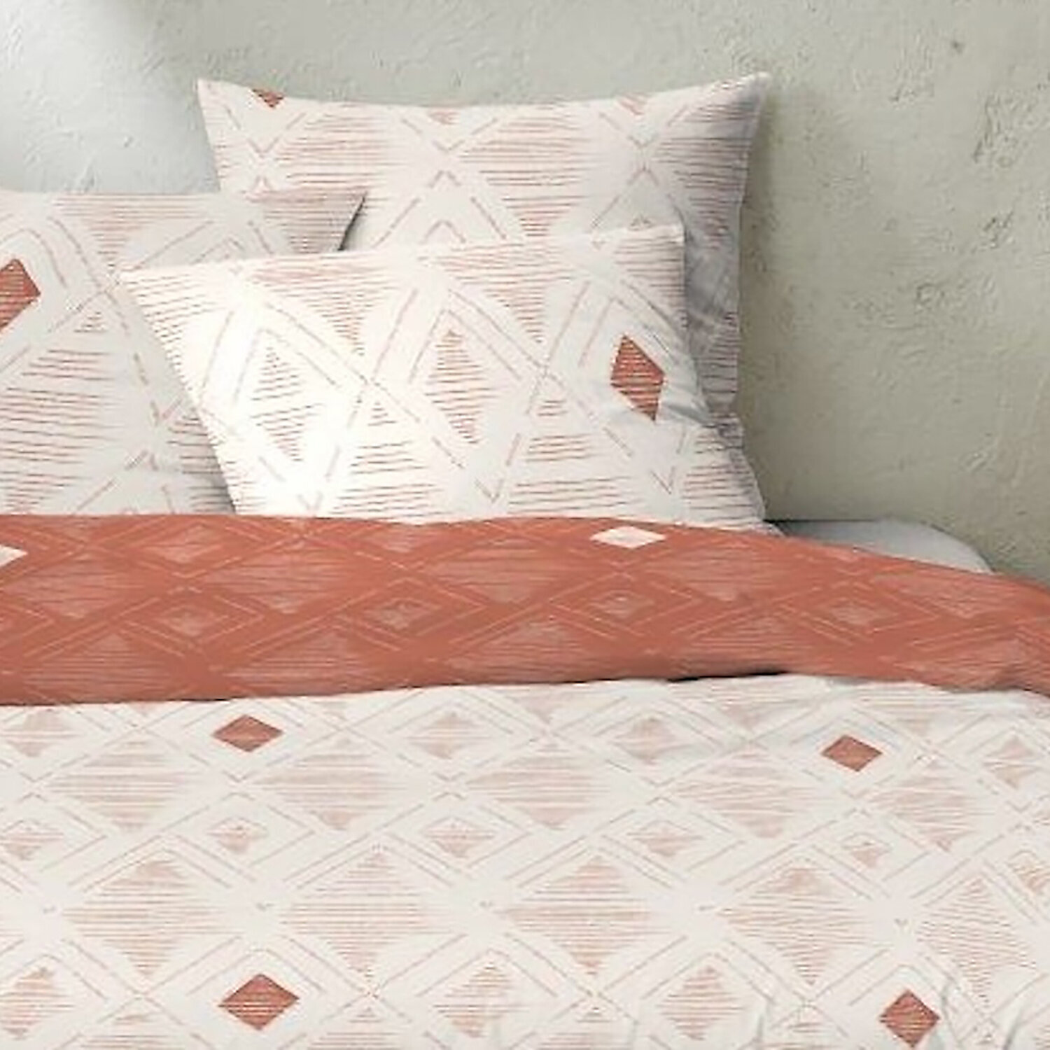 Parure de couette 100% coton 57 fils à motifs losange - blanc et terracotta