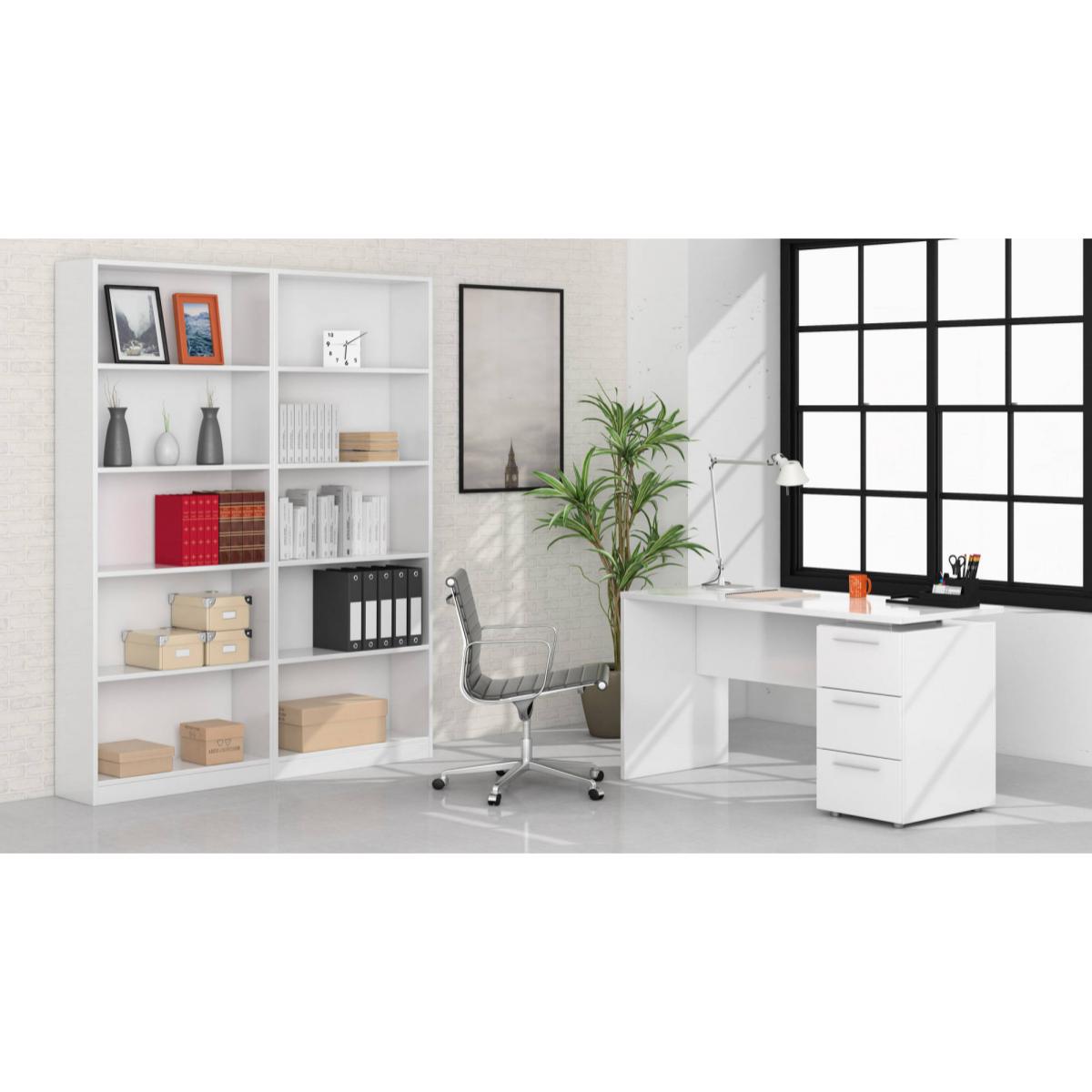 Scrivania Dallas, Scrittoio da ufficio moderno, Tavolo da studio con cassettiera a 2 cassetti e 1 anta, cm 138x60h74, Bianco