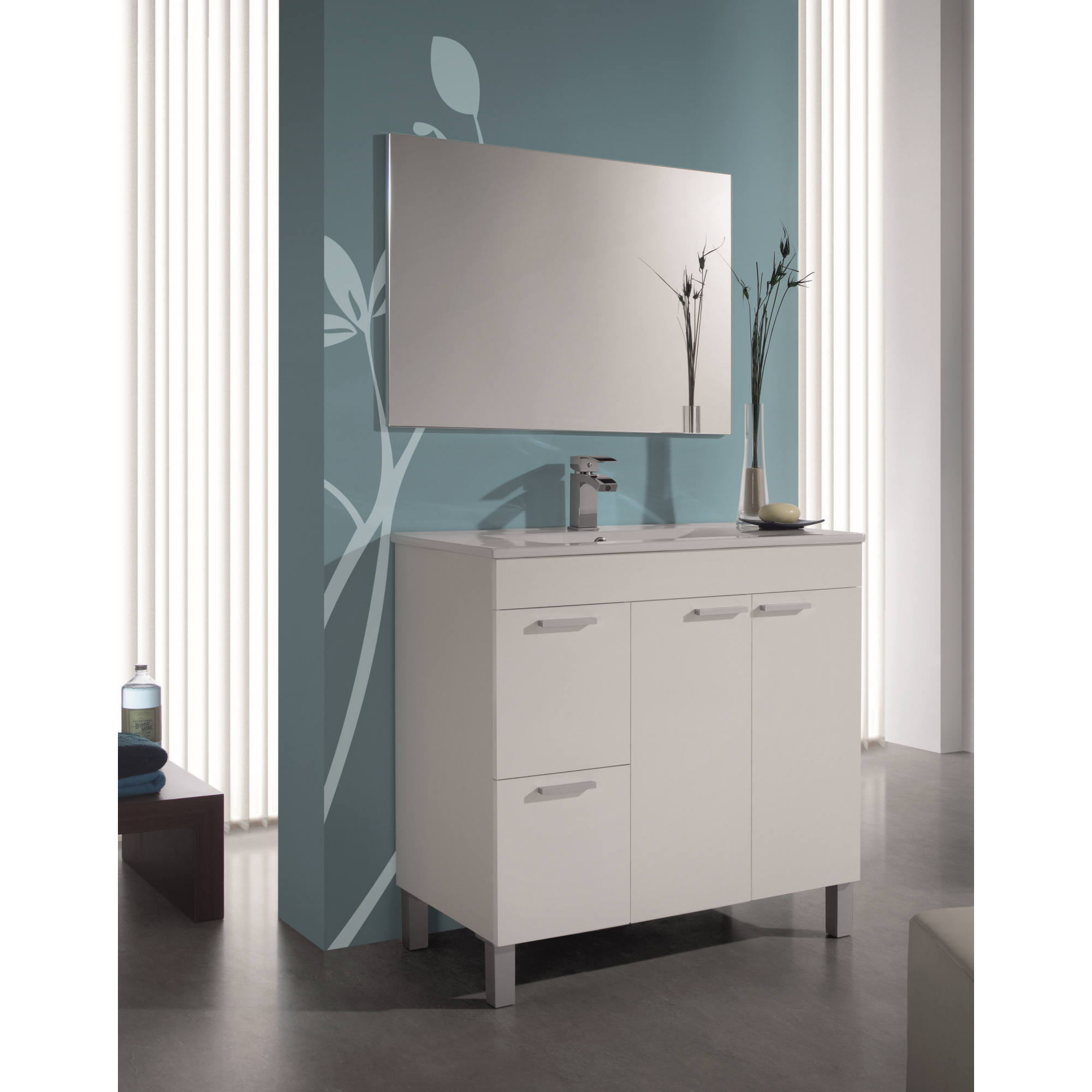 Mobile sottolavabo Aracth, Mobiletto per bagno, Armadio a 2 ante e due cassetti con specchio, lavabo non incluso, 80x45h80 cm, Bianco lucido