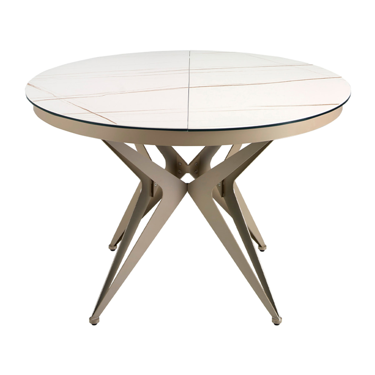 Mesa comedor extensible redonda con tapa de mármol porcelánico blanco con vetas marrones en acabado mate 120x120x77cm