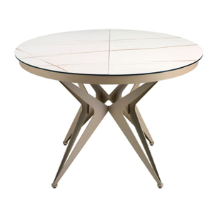 Mesa comedor extensible redonda con tapa de mármol porcelánico blanco con vetas marrones en acabado mate 120x120x77cm