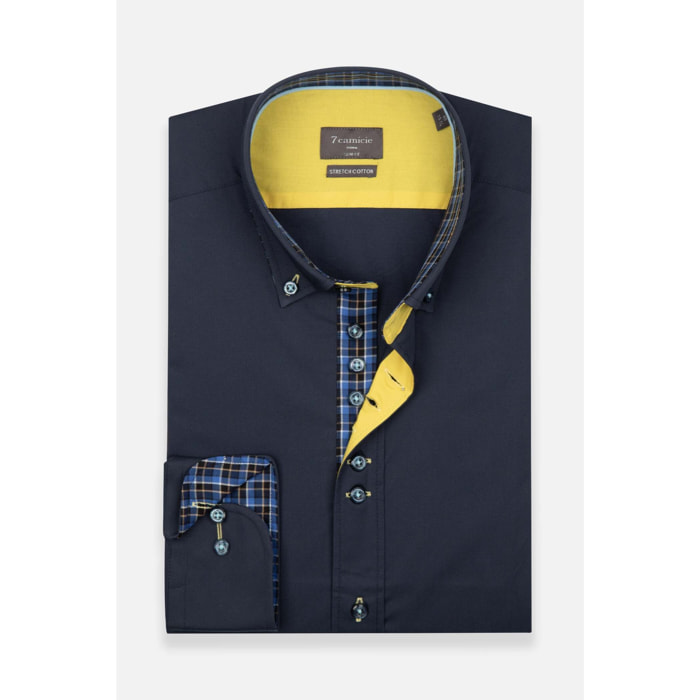 Camicia Uomo 1 Bottoni Button Down Slim Popeline Stretch Unito Blu