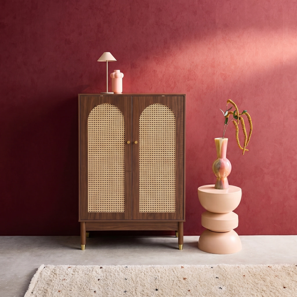 Meuble à chaussures, petit buffet décor bois et cannage 2 portes JUDITH