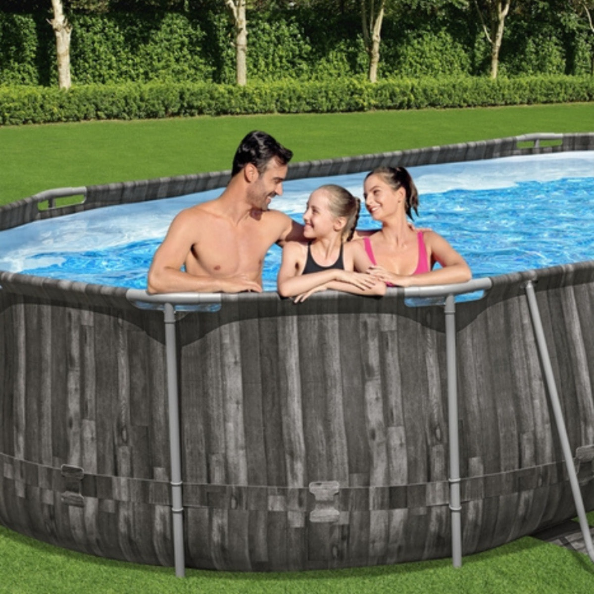 Bestway Piscine hors sol tubulaire ovale Bestway Power Steel 610 x 366 x 122 cm décor bois