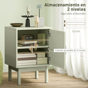 Mesita de Noche Mesilla de Noche con Puerta de Ratán Estante Ajustable y Patas de Madera Estilo Bohemio Mesa Auxiliar para Salón Dormitorio 40x35x58 cm Verde Claro