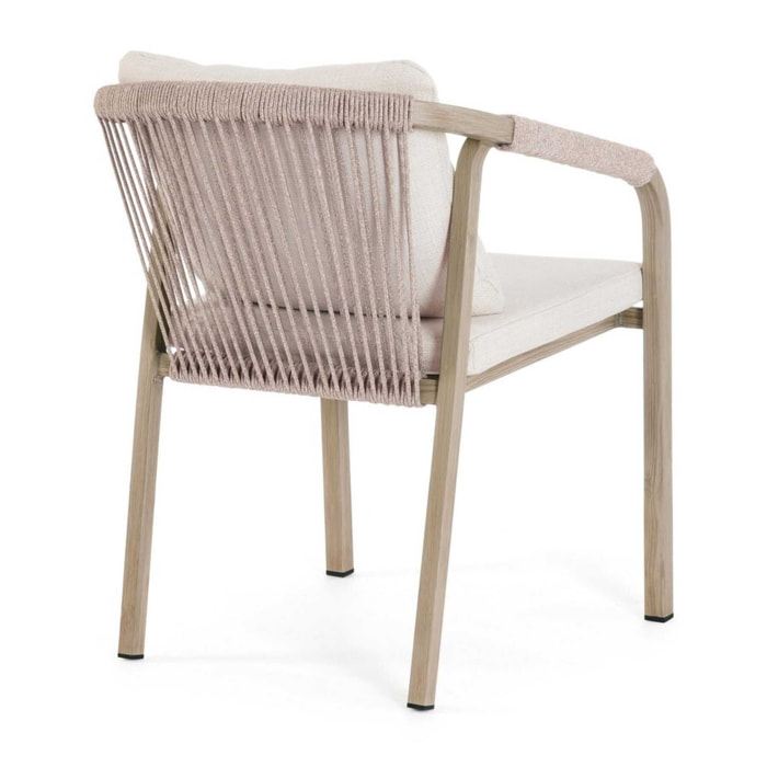 Set 4 sedie da giardino ALVOR con cuscini, intreccio in corda e struttura in alluminio effetto legno