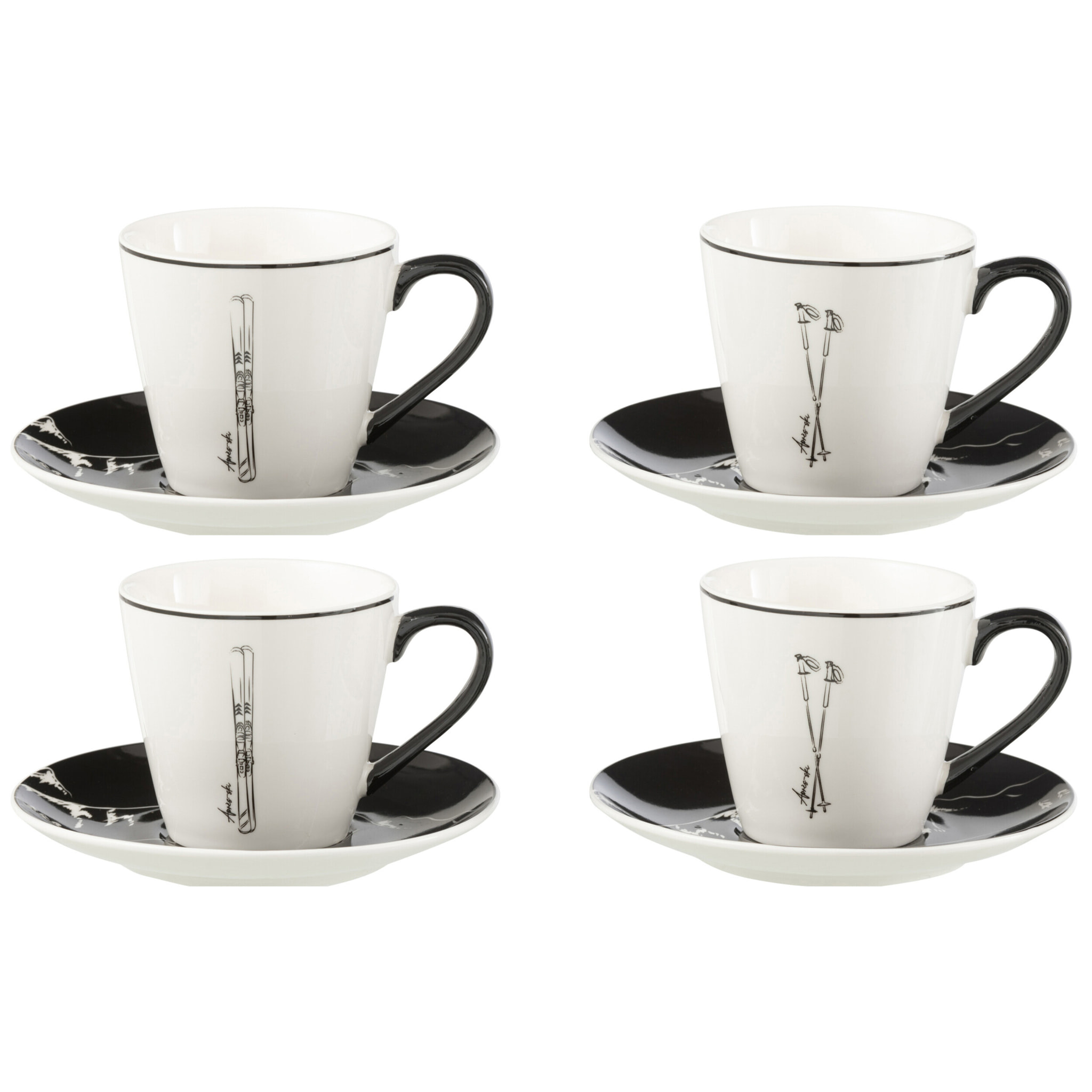 J-Line tasse à thé + sous-tasse - céramique - noir/blanc - large - boite de 4 - boite cadeau