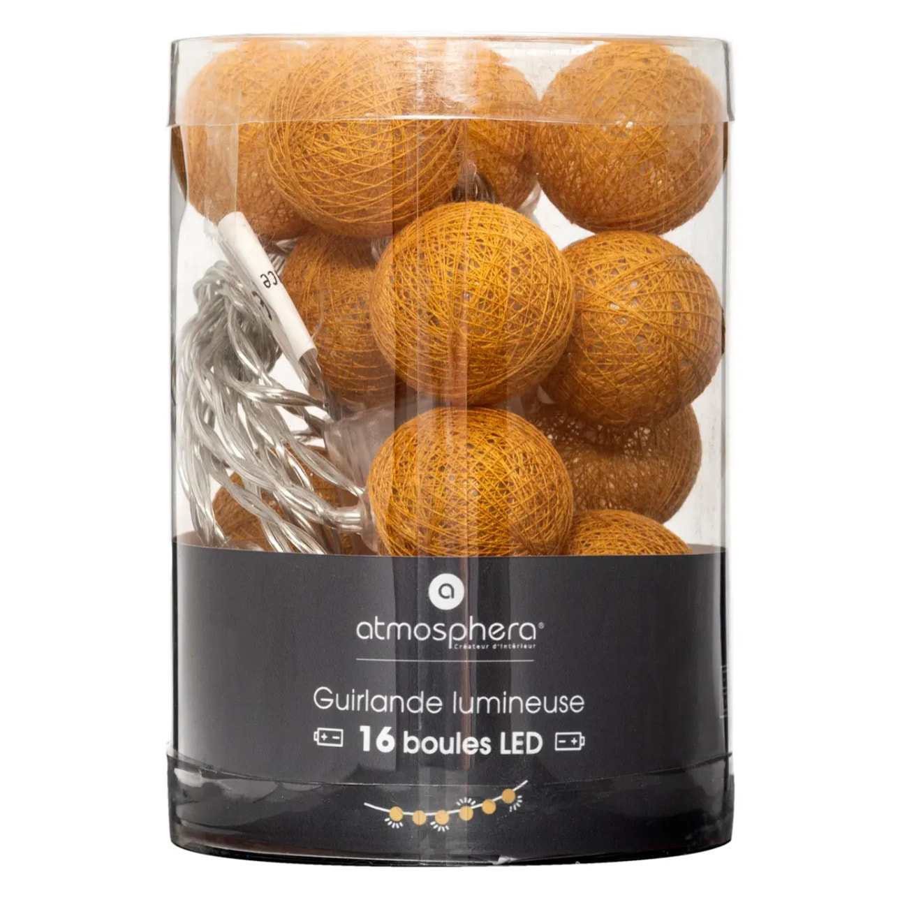 Guirlande LED à pile 16 boules - jaune ocre - L255 cm