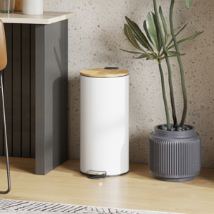 Cubo de Basura Cocina con Pedal, 30L, Papelera de Cocina Metálico con Tapa de Cierre Suave y Cubo Extraíble, para Dormitorio, Oficina, Estudio y Salón, 36x30x60,5 cm, Blanco y Madera Natural