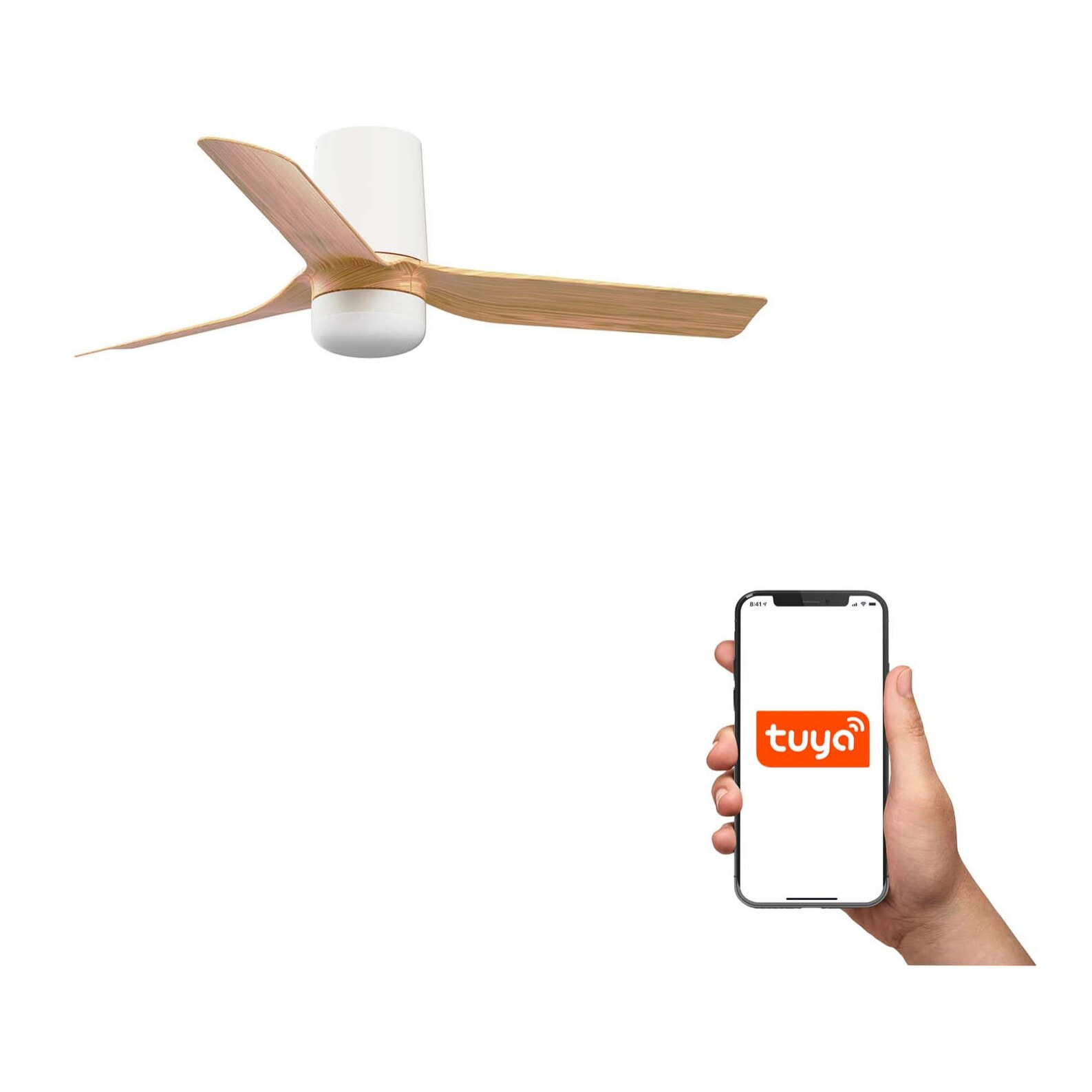 MINI PUNT TUB S LED Ventilateur de plafond blanc/bois clair TUYA