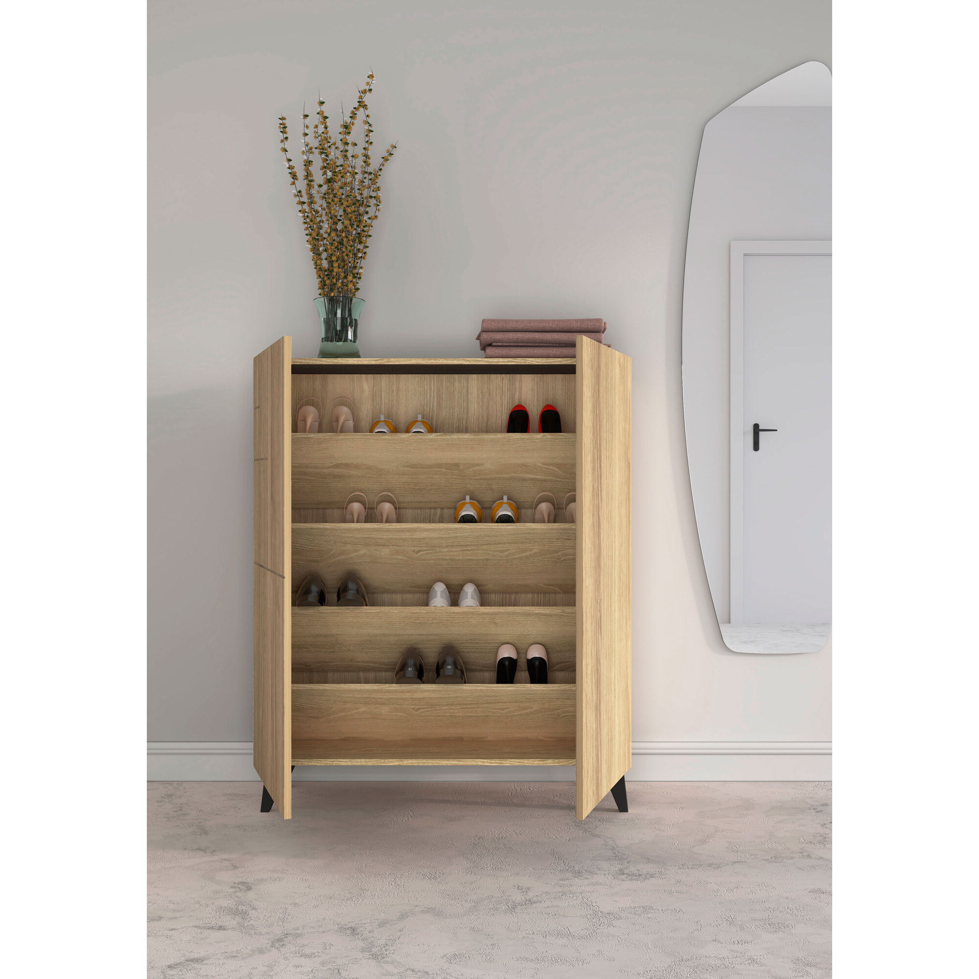 Zapatero Malmo melamina roble dorado patas negro 109x90x27 cm