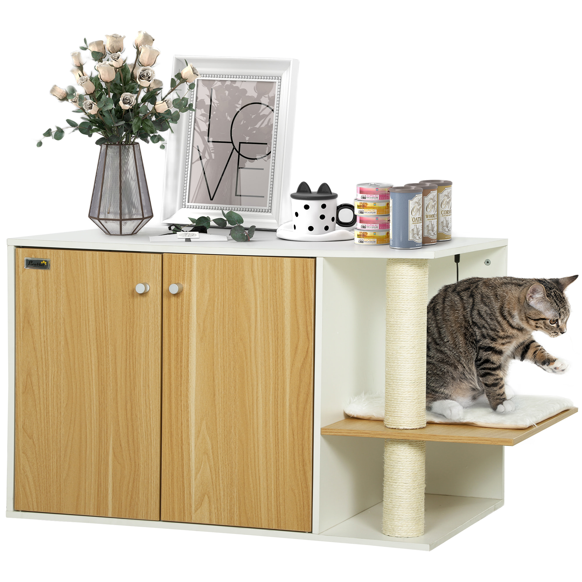 Mueble Arenero para Gatos 3 en 1 Nido Mesa Auxiliar Caja de Arena para Gatos con Puertas Cojín Poste para Rascar y Centro de Juegos para Salón Dormitorio 94x48x50,5 cm Roble y Blanco