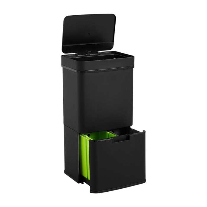 Well home papelera de reciclaje 62l (37l+25l), cubo de basura con 2 compartimentos, apertura automática con sensor, en acero inoxidable, negro