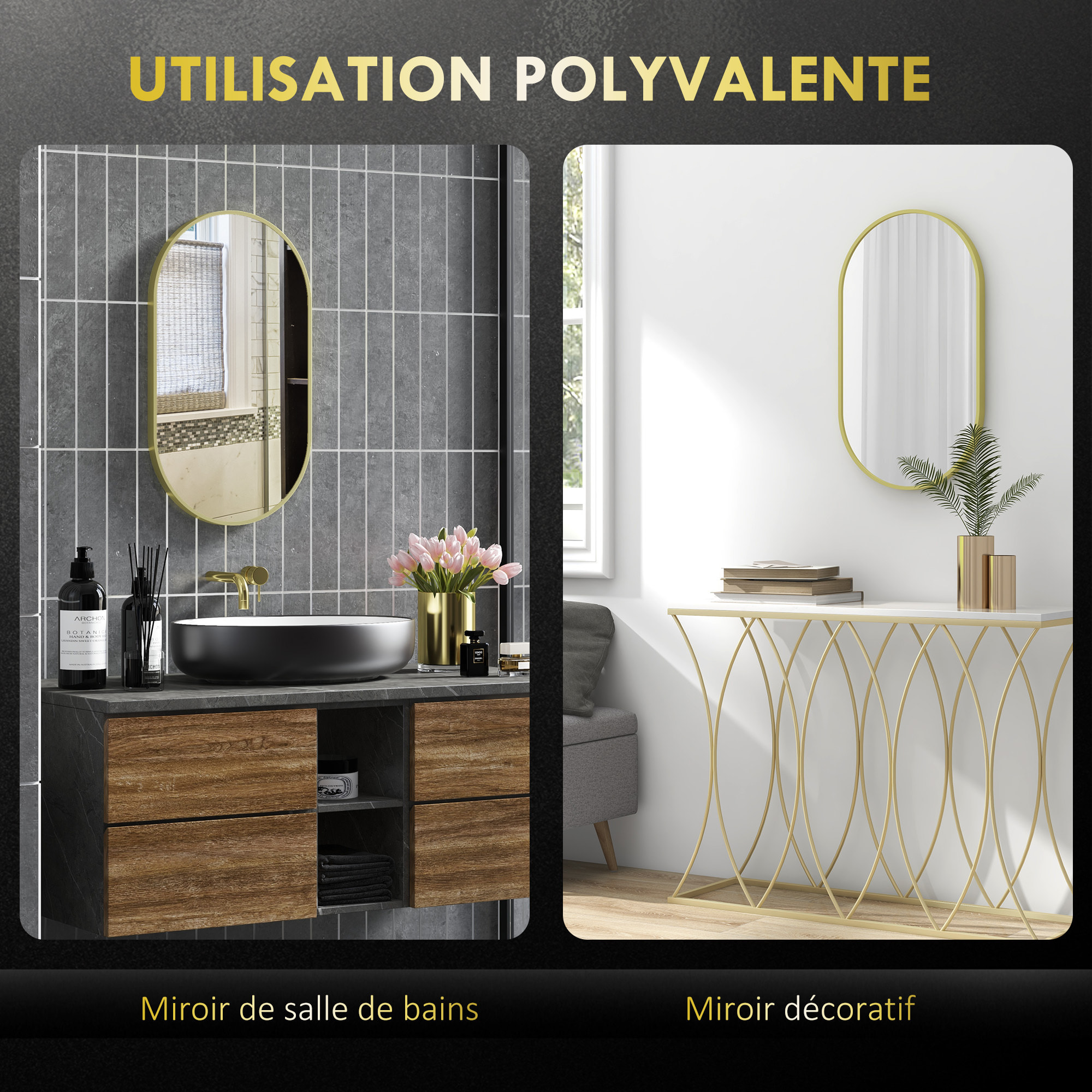 Miroir mural ovale dim. 40L x 70H cm cadre arrondi montage vertical/horizontal alu. doré