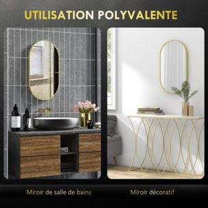 Miroir mural ovale dim. 40L x 70H cm cadre arrondi montage vertical/horizontal alu. doré