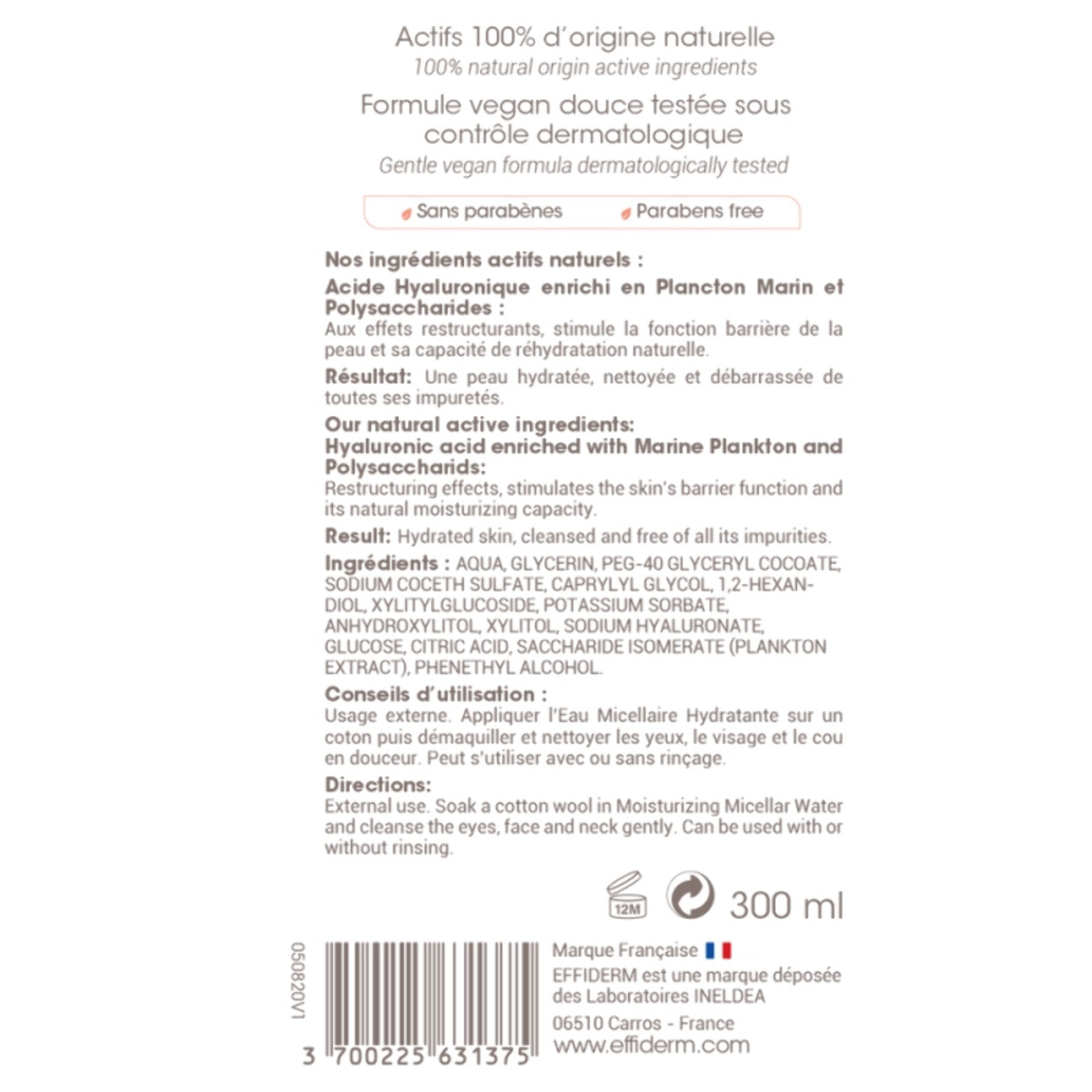 EFFIDERM - Eau Micellaire Hydratante - Nettoie la peau en douceur - Laisse la peau douce et hydratée - Formule à l'acide hyaluronique - 100% origine naturelle - Flacon de 300ml