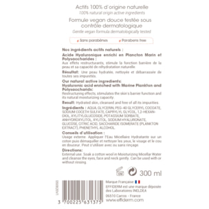 EFFIDERM - Eau Micellaire Hydratante - Nettoie la peau en douceur - Laisse la peau douce et hydratée - Formule à l'acide hyaluronique - 100% origine naturelle - Flacon de 300ml