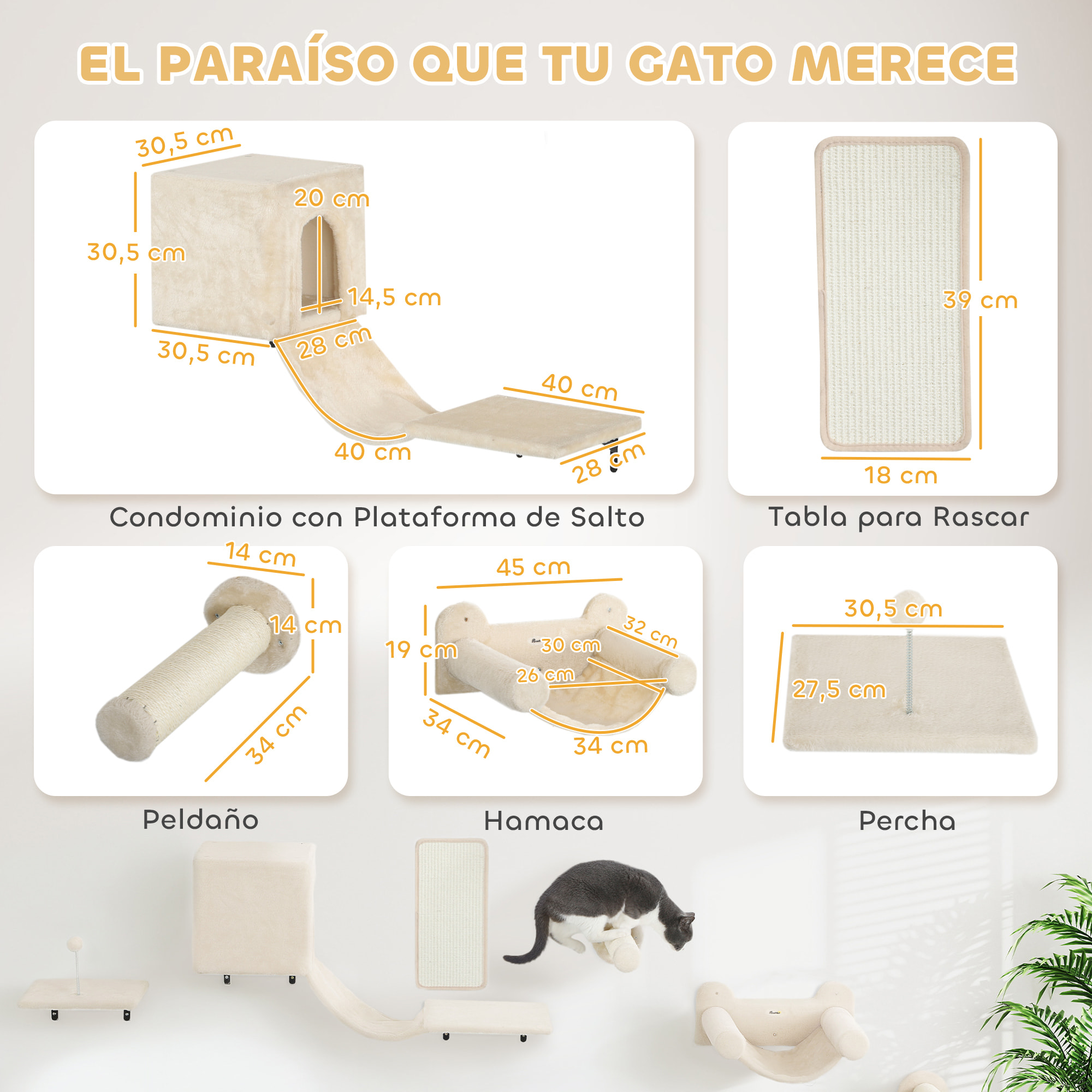 Juego de Pared de Escalada para Gatos de 6 Piezas Estanterías para Gatos con Condominio Plataforma Hamaca Escaleras Percha Tabla Rascador Poste de Sisal Bola de Juguete Beige