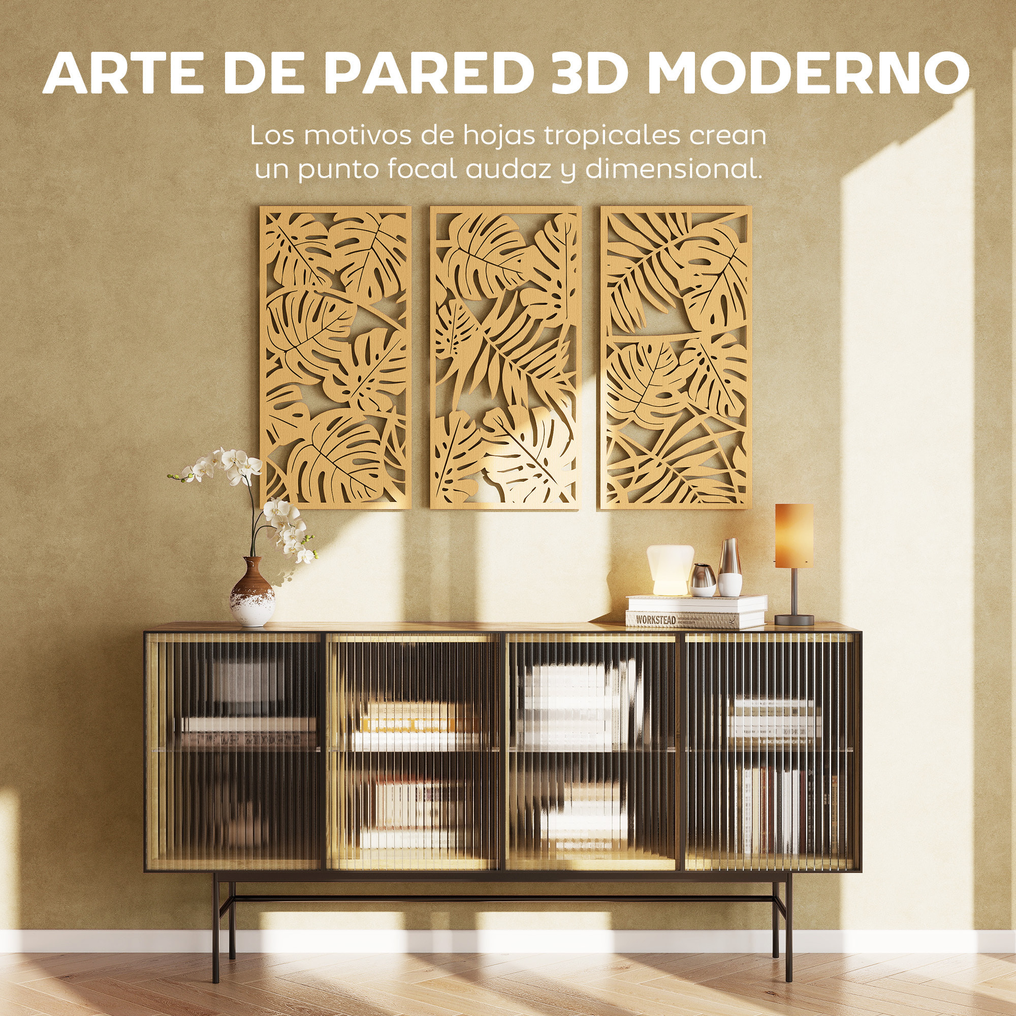 Decoración de Pared de Madera 3D, 3 Piezas, 40x80 cm, Adornos de Pared con Patrón de Hojas Tropicales, Arte Moderno para Salón, Dormitorio, Pasillo, Madera Natural
