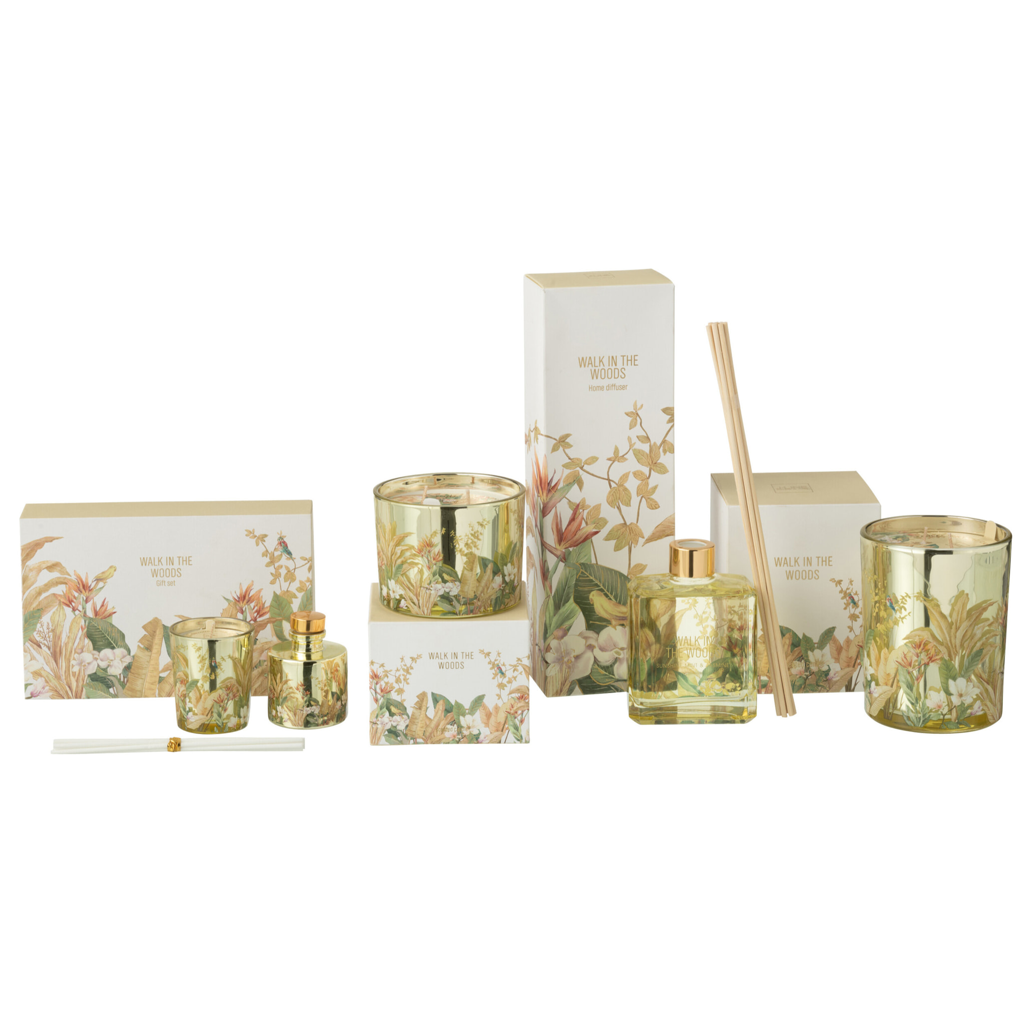 J-Line bougie parfumée + bâtonnets parfumés Walk In The Woods - Bergamot Fig - verre - jaune - set cadeau