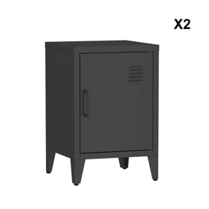 Lot de 2 tables de chevet en acier 1 porte. Noire. casier. L 38 x P 38 x H 55.7 cm