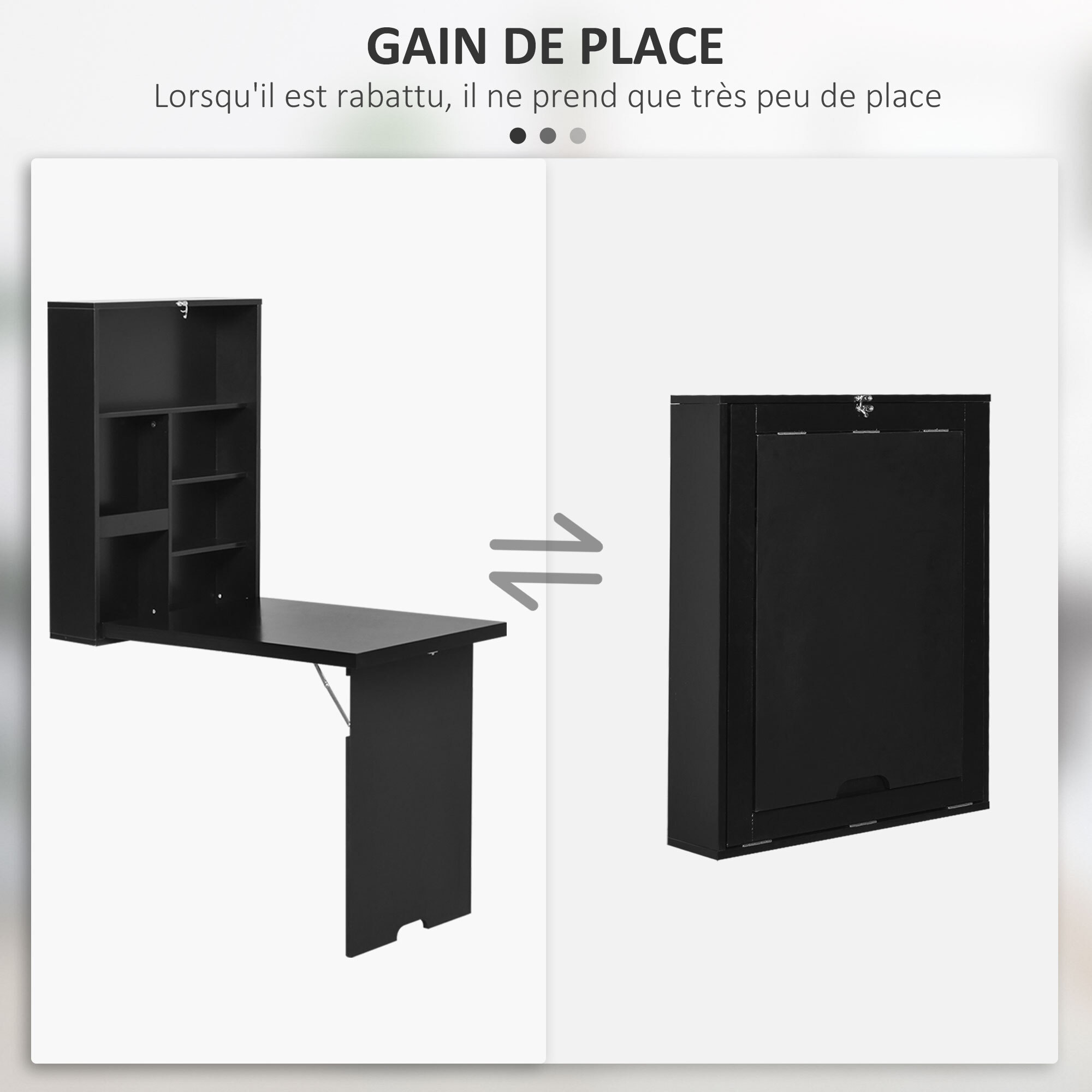 Bureau mural pliable table murale rabattable suspendue sur pied étagère + tableau à craie intégré MDF noir