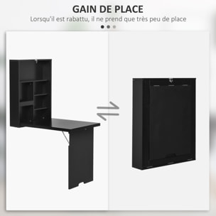 Bureau mural pliable table murale rabattable suspendue sur pied étagère + tableau à craie intégré MDF noir