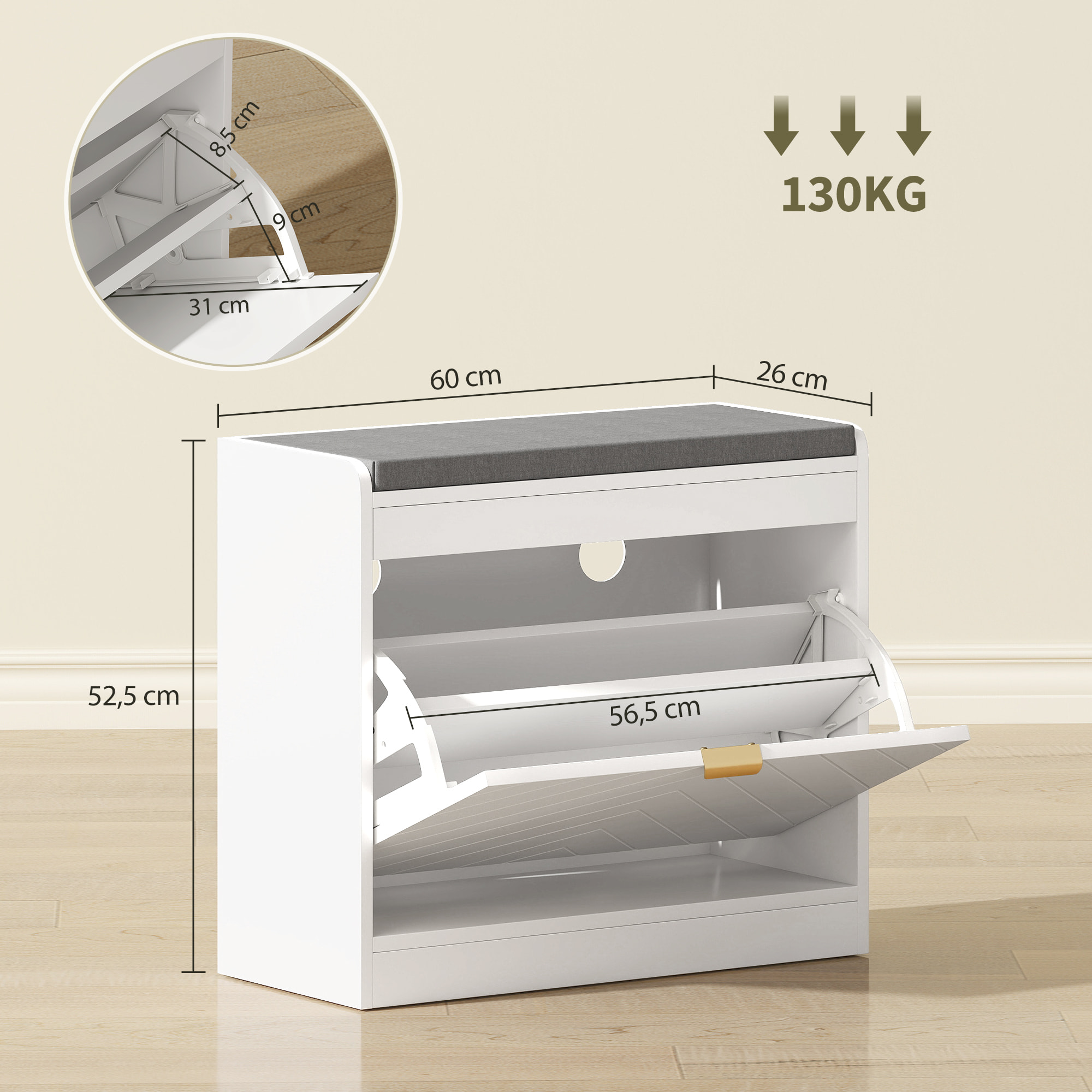 Banc à chaussures design porte motif chevrons étagère dim. 60 x 26 x 52cm coussin gris blanc