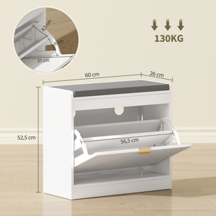 Banc à chaussures design porte motif chevrons étagère dim. 60 x 26 x 52cm coussin gris blanc