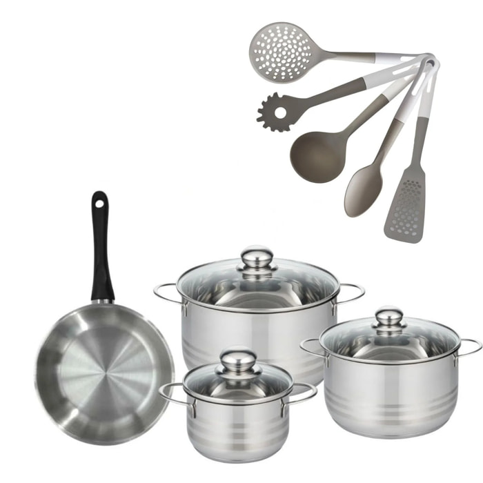 Lot 1 Poêle & 3 Faitouts 16/20/24cm Fackelmann Geneva avec 5 ustensiles Vario