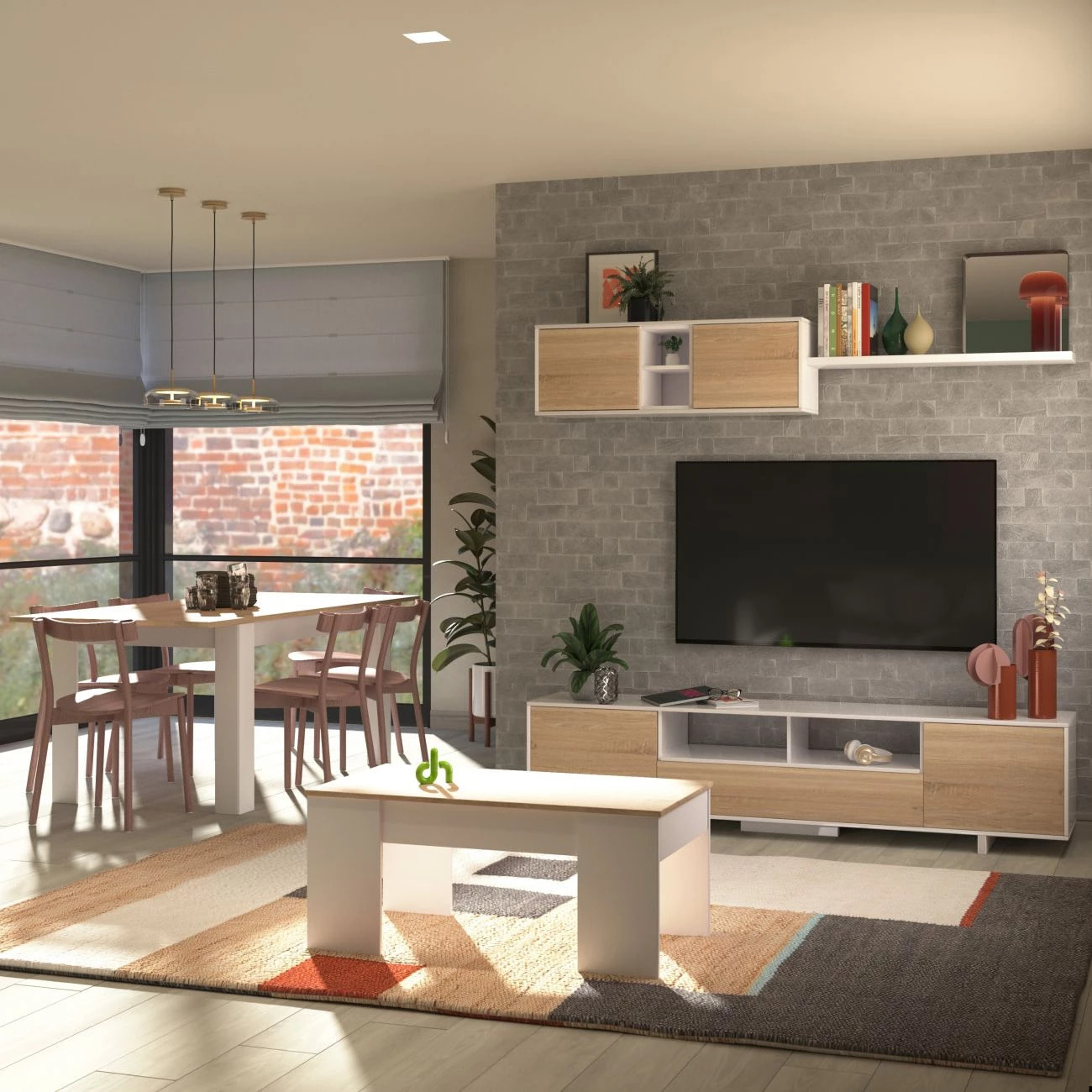 Pack salón con mesa de centro y mesa de comedor Kenzo Max V2B Blanco Brillo - Roble Canadian