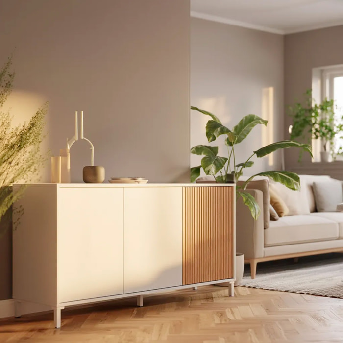 Credenza A 3 Ante Con Push To Open Madia Moderna Con Ripiani Interni Mobile Contenitore Per Soggiorno Salotto 74 x 154 x 40 Cm Bianco E Rovere Listato