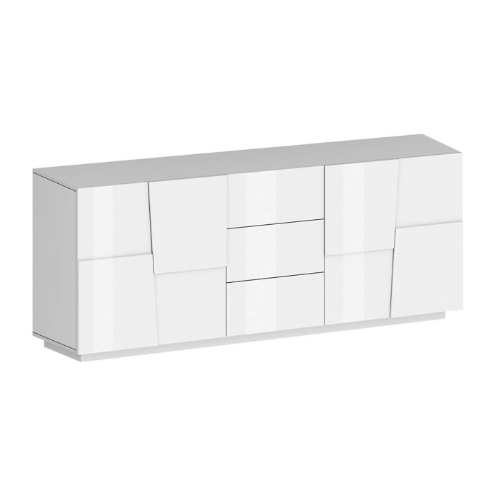 Credenza Astel, Buffet da soggiorno, Madia da salotto con 4 ante e 3 cassetti, 220x44h86 cm, Bianco lucido