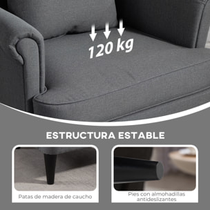 Sillón con Reposapiés Sillón Lectura con Respaldo Alto Capitoné Patas de Madera Almohada Acolchada y Tapizado en Lino Butaca para Salón Dormitorio Oficina Gris Oscuro