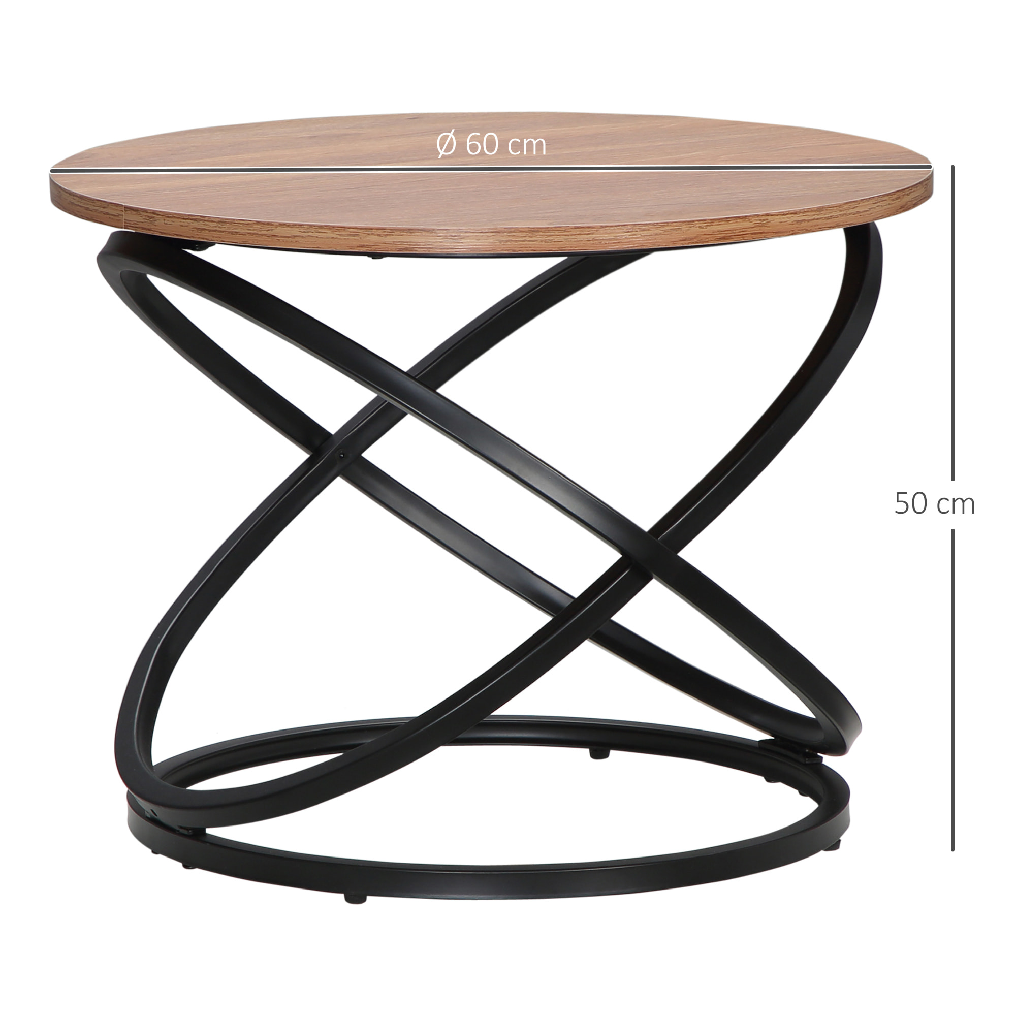 Table basse ronde design industriel néo-rétro Ø 60 X 46H cm acier anneaux noir aspect chêne clair