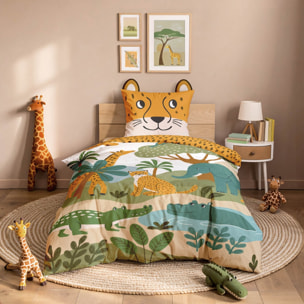 Parure de lit enfant 2 pièces 100 % coton imprimé animaux de la jungle housse + taie - Jaune