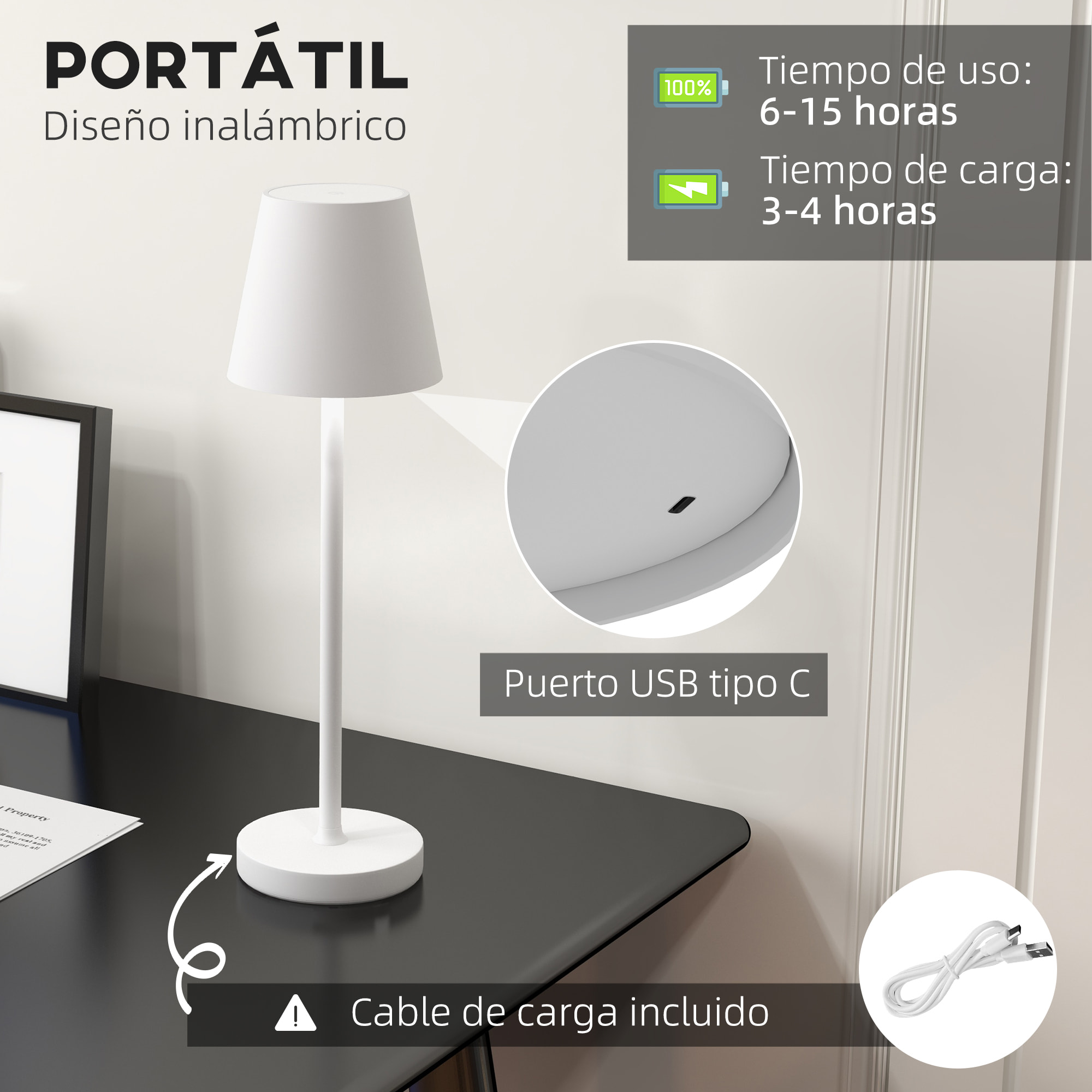 Lámpara de Mesita de Noche con Luces LED Lámpara de Mesa Inalámbrica USB-C Recargable 3 Colores Pantalla de Acrílico para Dormitorio Salón Ø11,2x36,5 cm Blanco