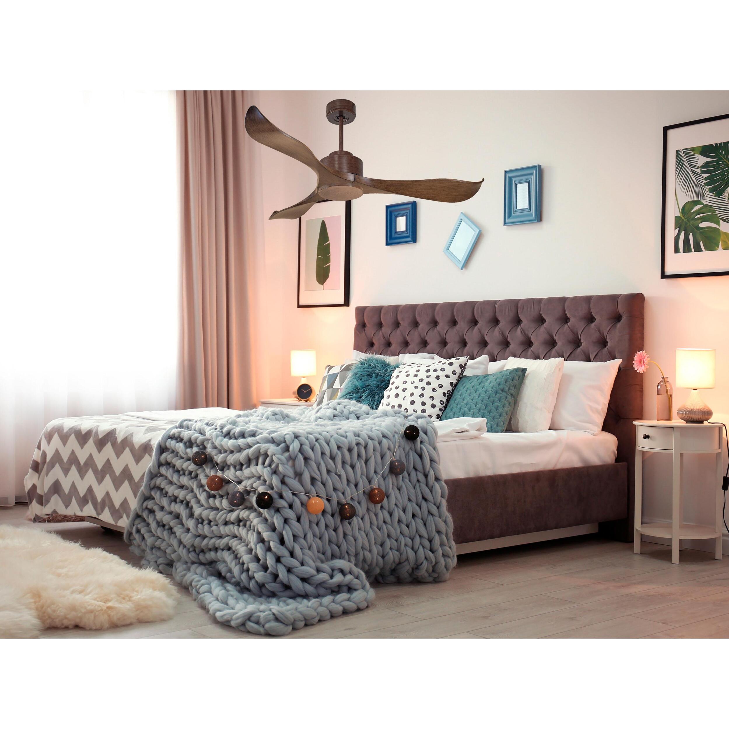 Ventilateur de plafond Réversible Lumière  Thermostat Wifi Moteur à courant continu Toits en pente Télécommande Adaptateur 2/3 Lames Hypersilence Mémoire 40   W brun