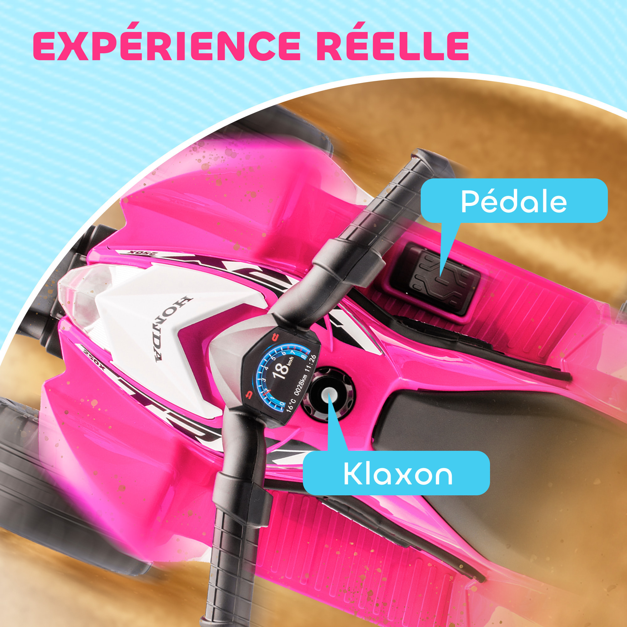 Quad électrique enfant 6V 30W HONDA TRX 250X V max. 2,8 Km/h phare LED klaxon rose