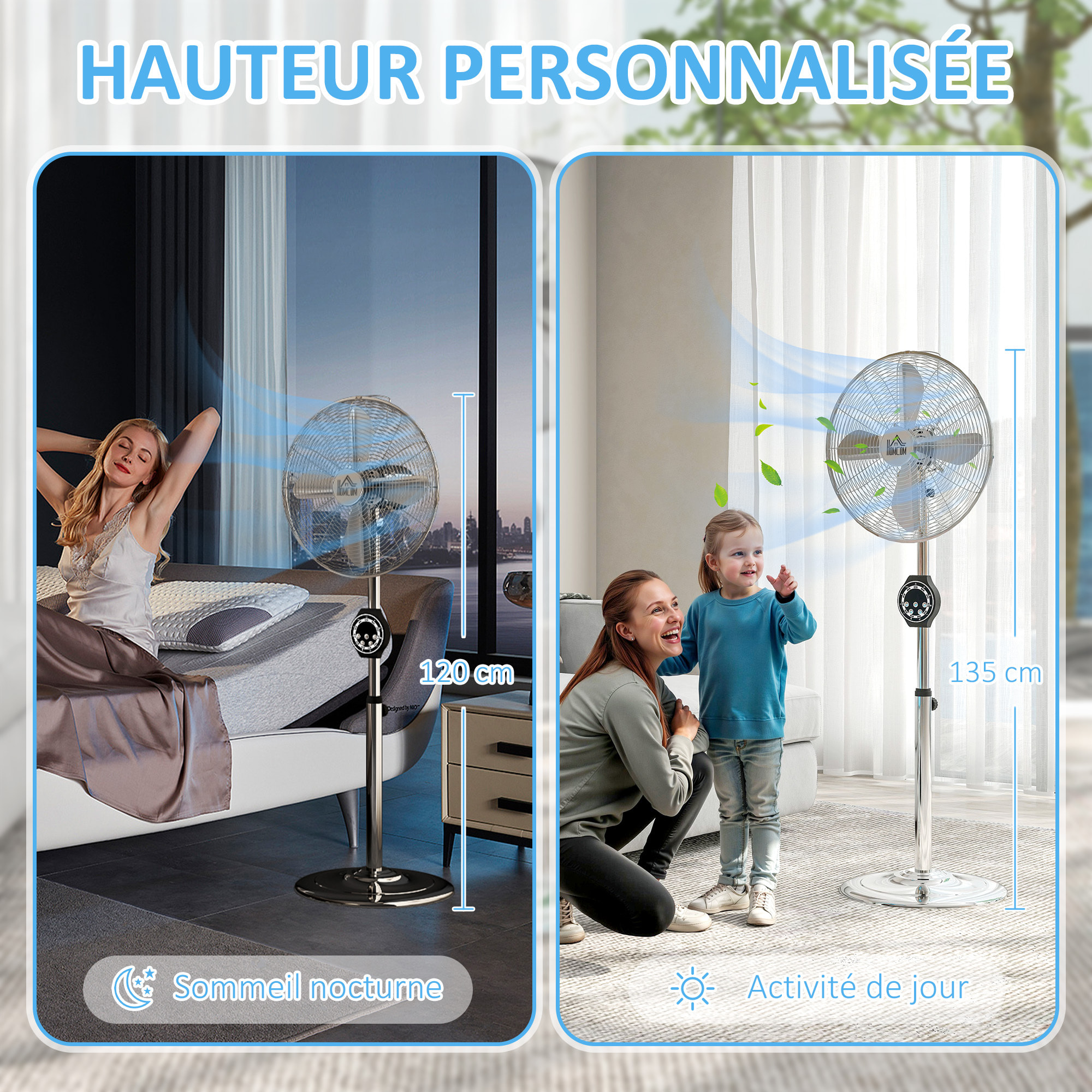 Ventilateur sur pied 50W oscillant réglable H.120-135 cm 3 vitesses timer télécommande 4 pales métal