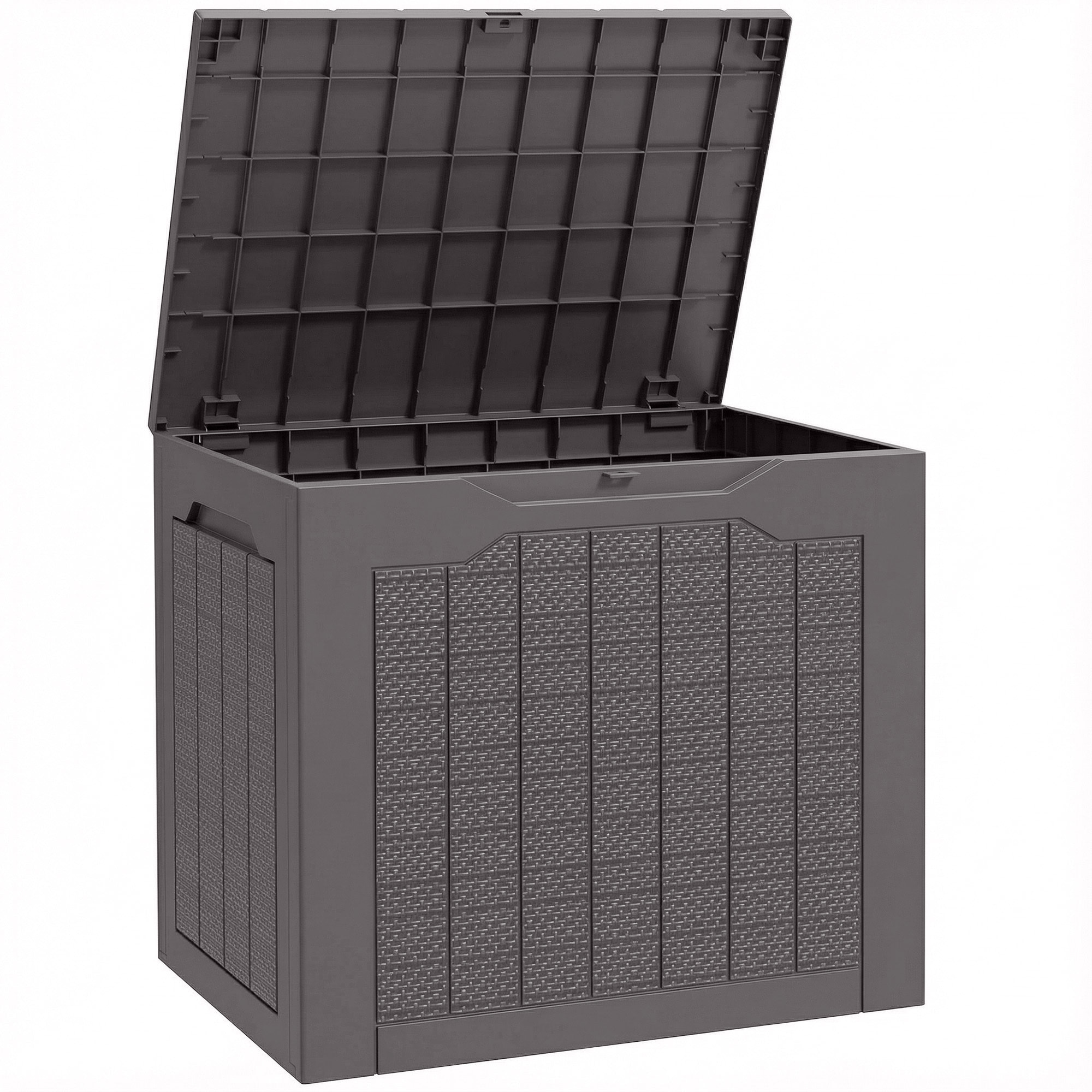 Coffre de jardin 93L dim. 56 x 41 x 50 cm effet rotin et bois brun