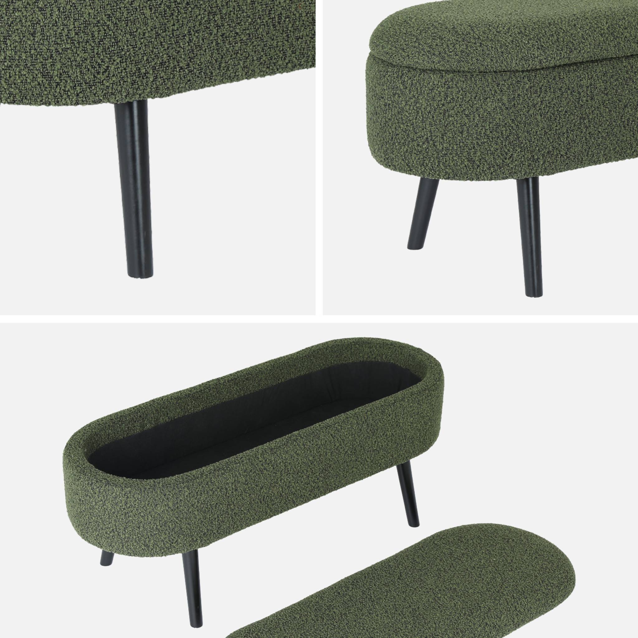 Banc coffre. bout de lit avec revêtement bouclette texturée. kaki. pieds en bois noir. L 112 x 44 x 50cm