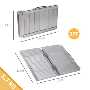 Rampa para Sillas de Ruedas Plegable, 61 cm, Carga 270 kg, Rampa Portátil de Aluminio Antideslizante con Bordes de Seguridad y Asa, para Escaleras, Puertas, Discapacitados