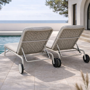 Lot de 2 chaises longues à roulettes en aluminium et tissu taupe COME