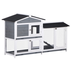 Conejera de Madera Exterior Jaula para Conejos de 2 Niveles con Techo Asfáltico 2 Corrales de Metal Bandeja Extraíble 2 Puertas y Rampa 157,4x53x93,5 cm Gris