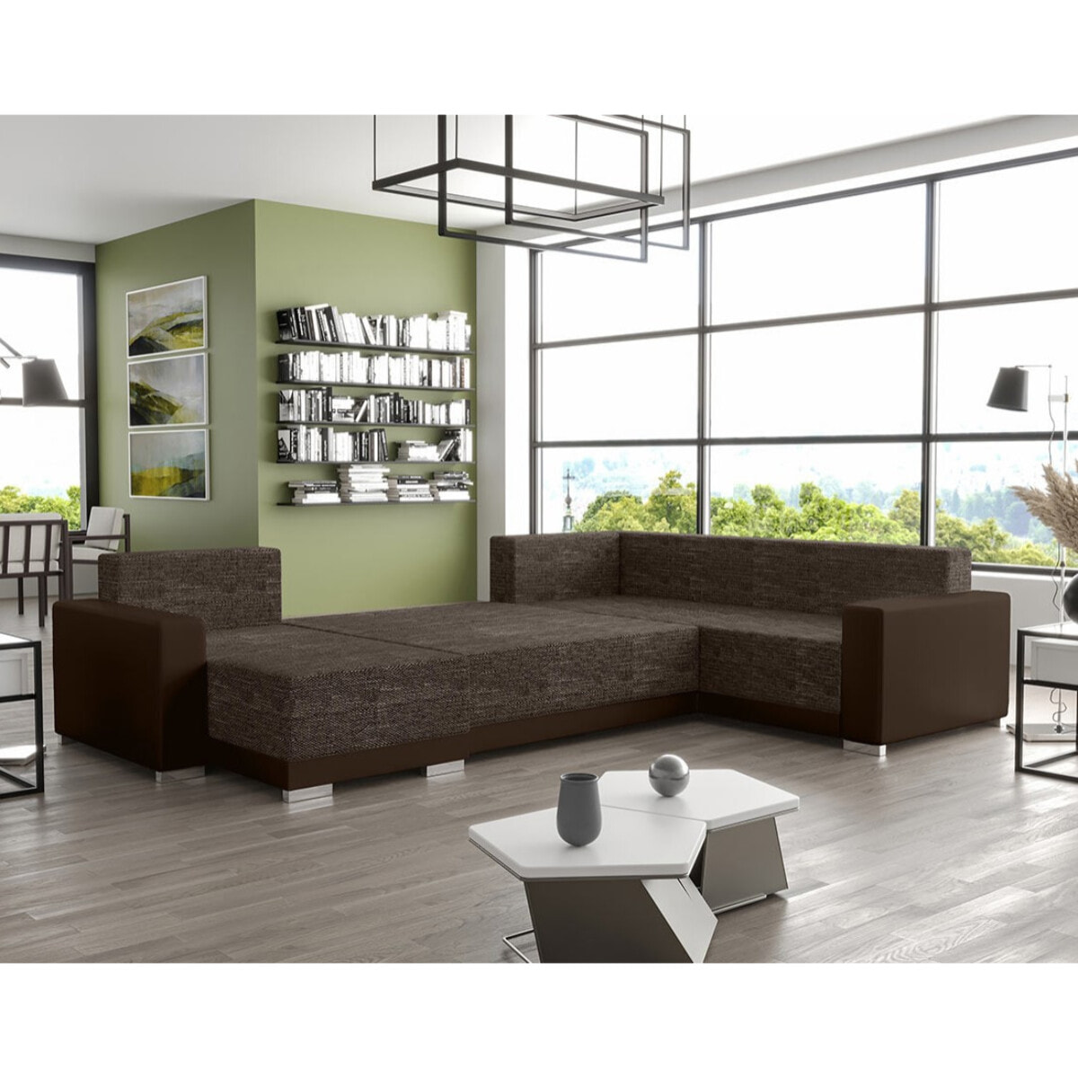 Roger - Canapé panoramique d'angle réversible 7 places convertible avec coffre en tissu - Marron