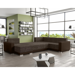 Roger - Canapé panoramique d'angle réversible 7 places convertible avec coffre en tissu - Marron