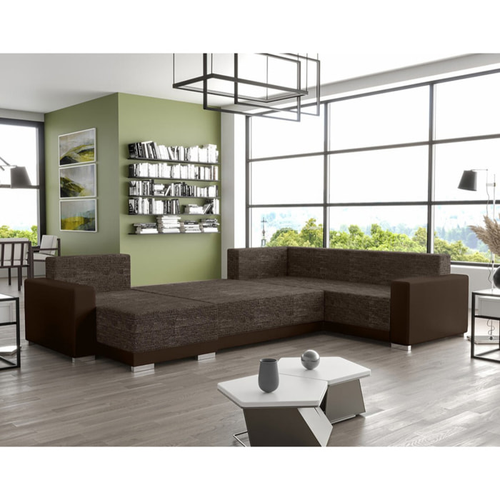 Roger - Canapé panoramique d'angle réversible 7 places convertible avec coffre en tissu - Marron