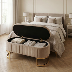 Panca Contenitore Ovale in Effetto Velluto con Ampio Vano Contenitore, Seduta Imbottita e Gambe in Acciaio, Design Elegante per Camera da Letto, Ingresso e Soggiorno